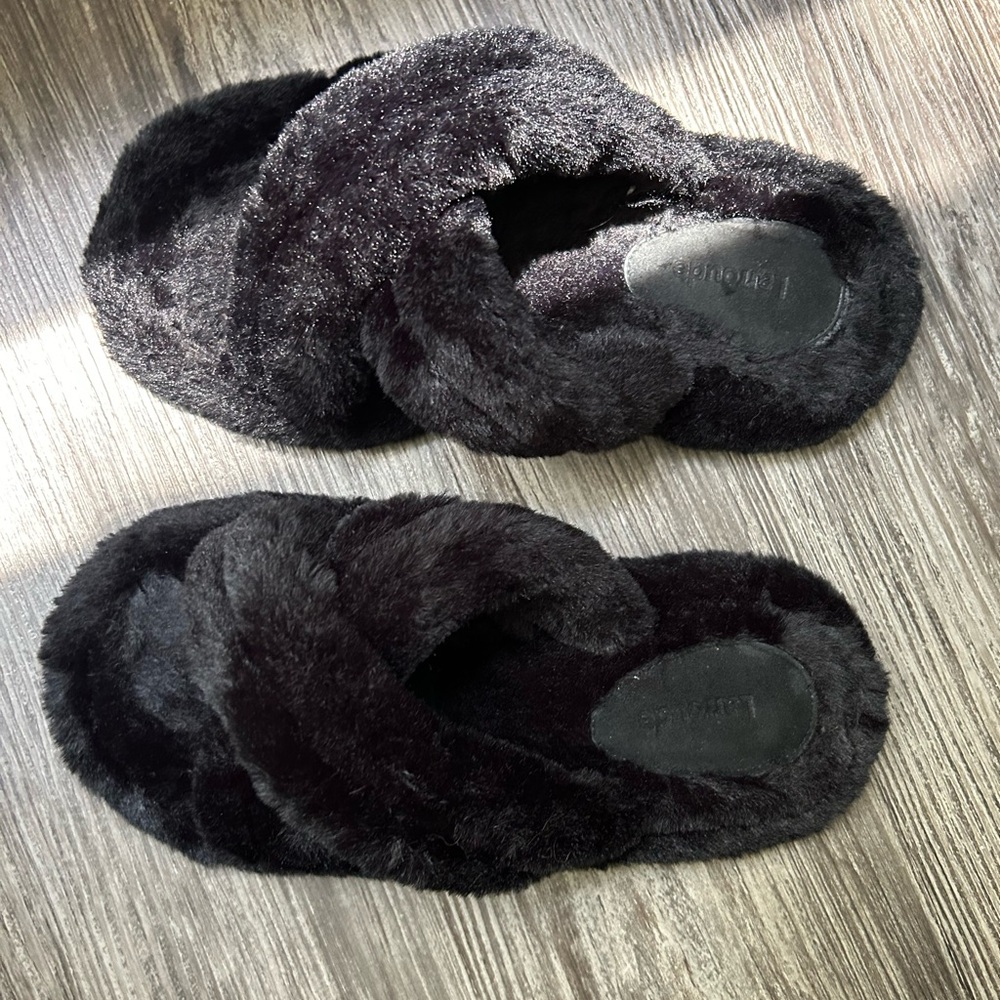 Larroude Black Plush Slippers